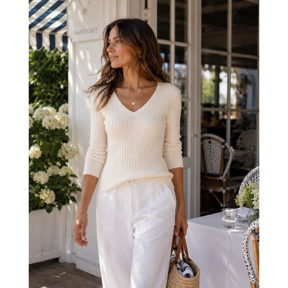 Preview International Womens Medium Ivory Ribbed Knit V Neck 100% Cotton Sweater